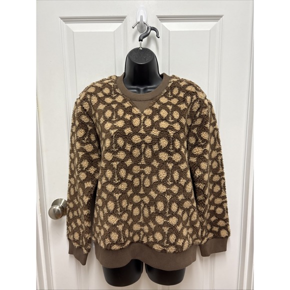 Coach Signature Sherpa Crewneck XS C6550 Khaki‎ Dark Multi Cozy Sweatshirt - Picture 1 of 8